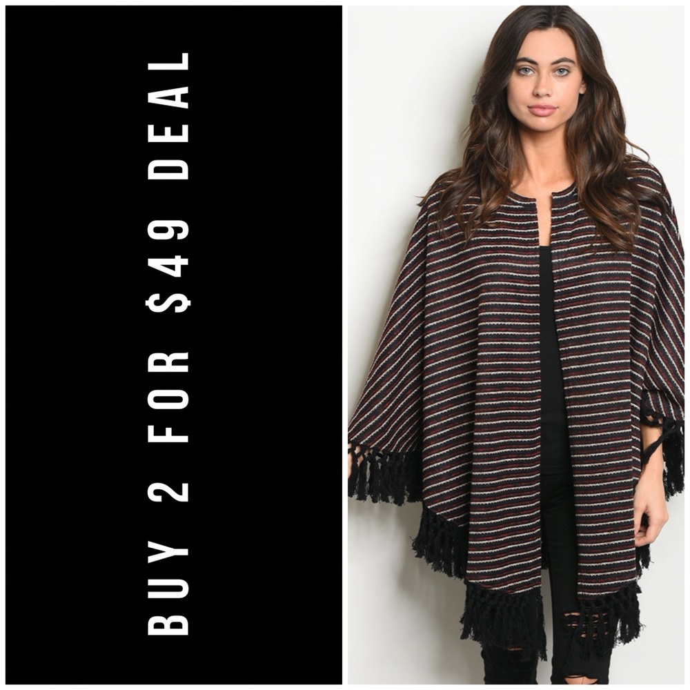 RED BLACK STRIPE TASSEL PONCHO